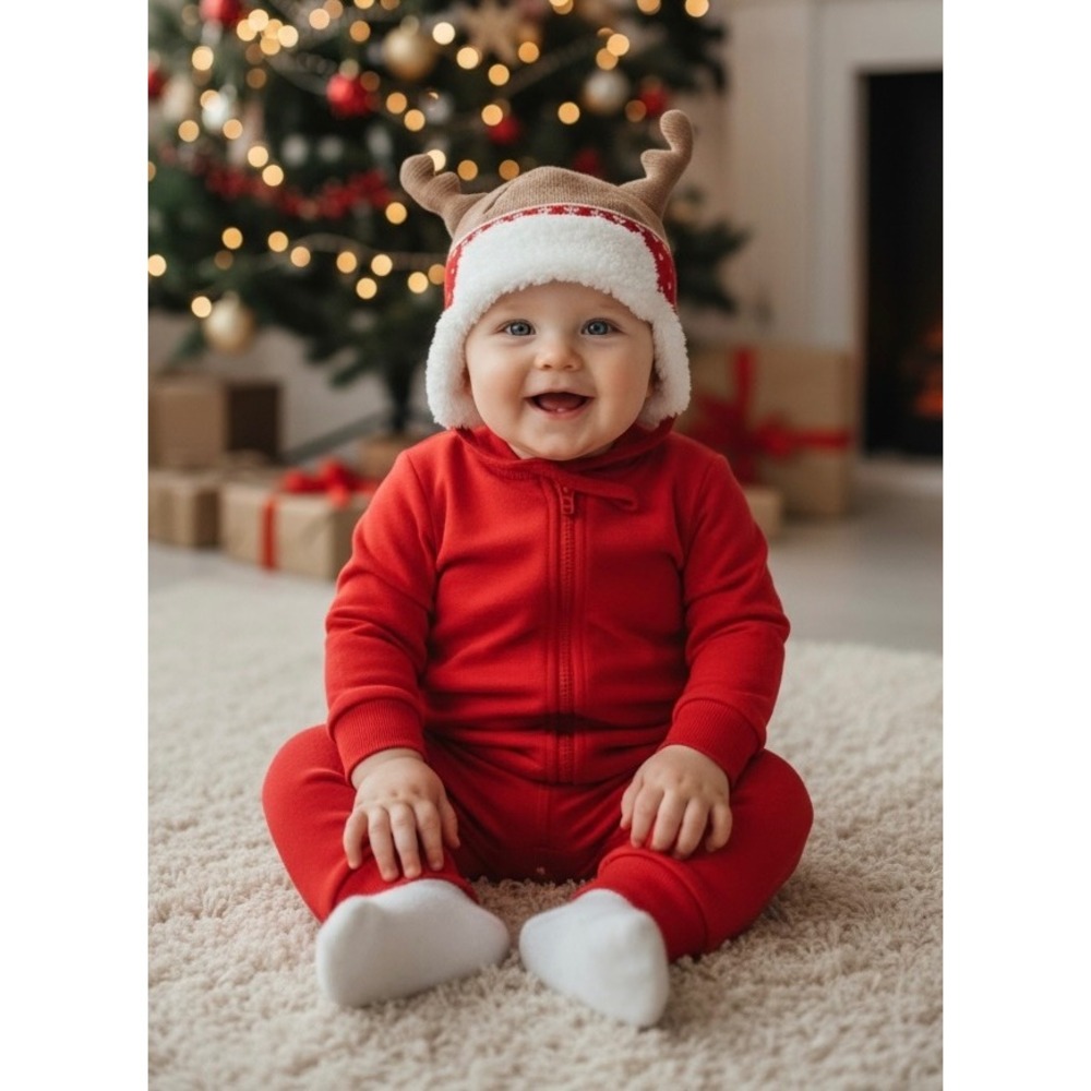 NEW Reindeer Fleece Cotton Hat‎ Winter Beanie Trapper Hat Ear Flaps 0-2 Yrs
